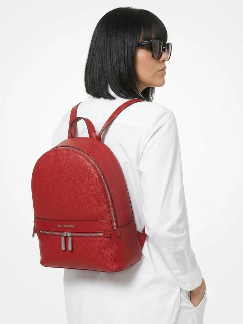 Michael Kors Red Pebbled Leather Backpack Medium Silver Hardware Handbag Travel